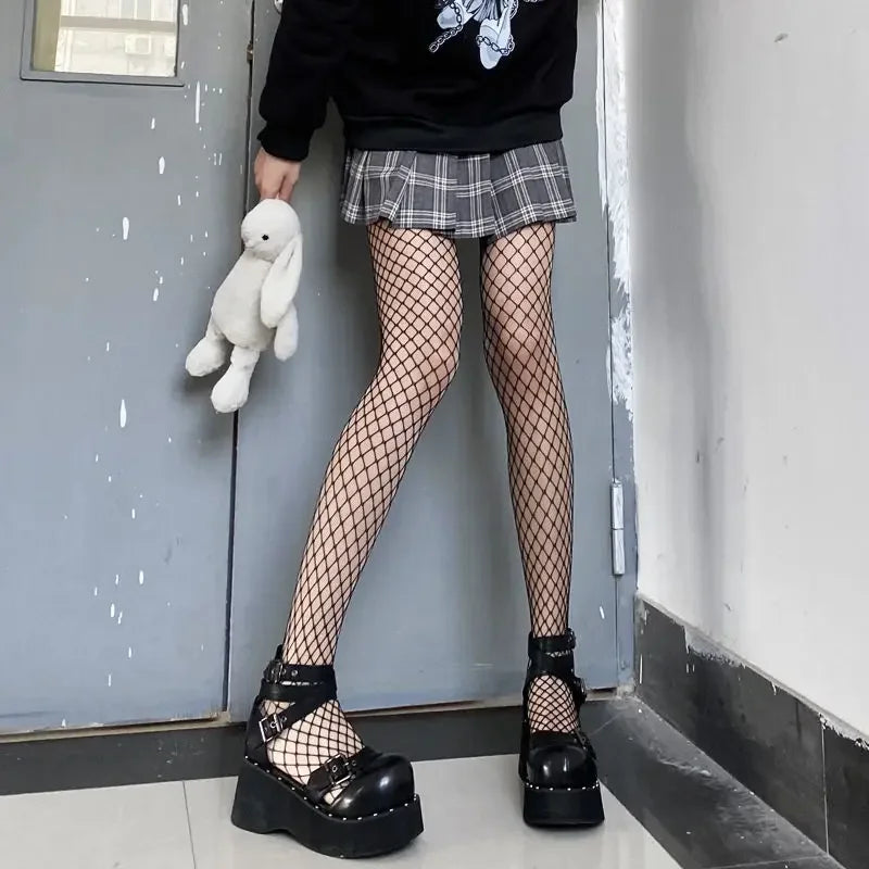 Gothic Tights Women Leggings Lolita Hollowed Out Mesh Body Stockings Japanese Bottomed Lace Pantyhose Skull Punk Black Hosiery