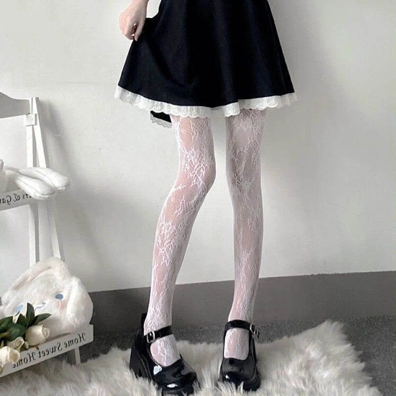 Black White Lace Flower Stockings Women Sexy Floral Rattan Leggings Gothic Mesh Hollowed Pantyhose Hosiery Female Fishnet Tights