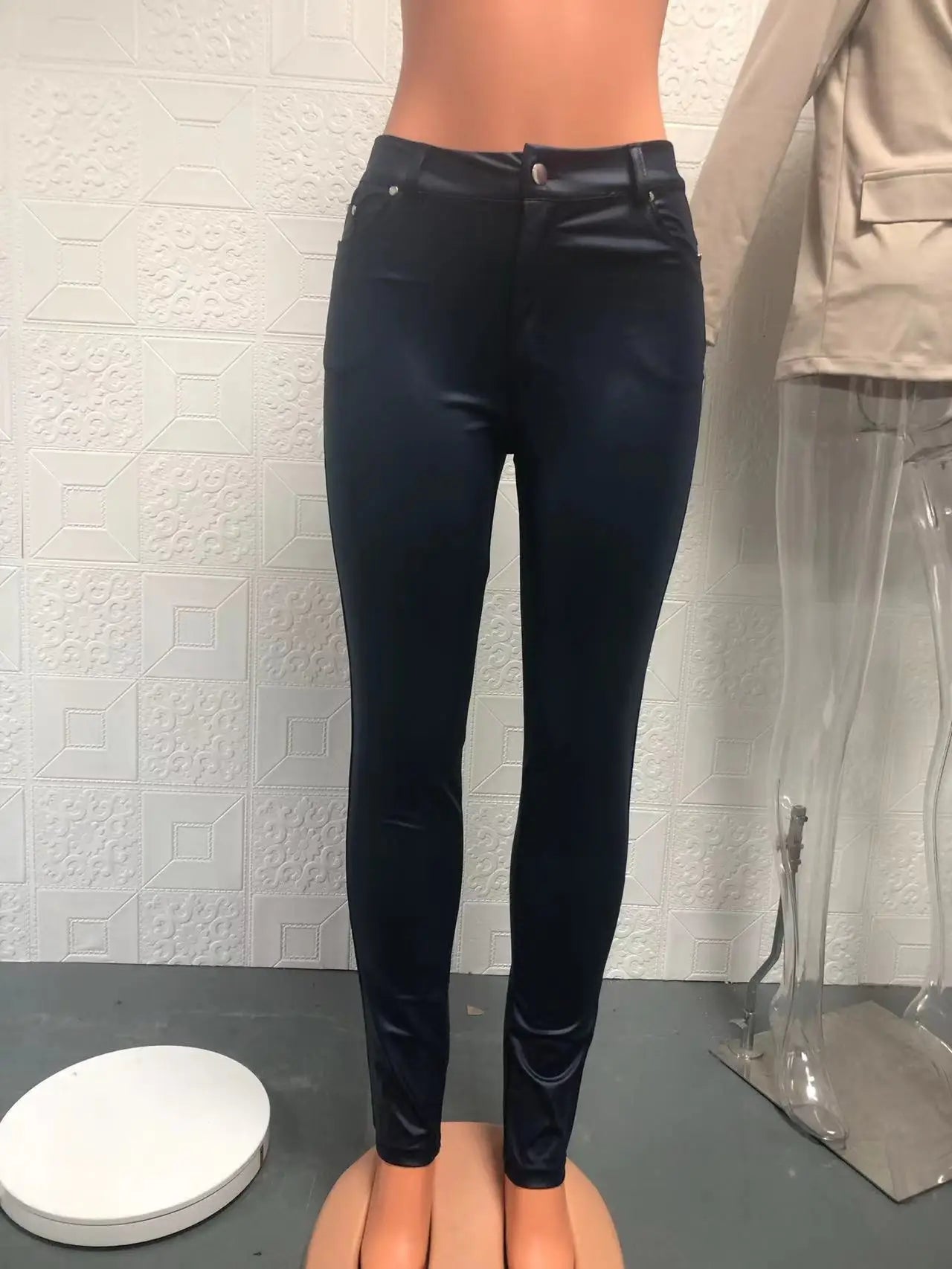 High Waisted Eleastic Solid Pu Leather Tight Hip Casual Pants Slim Leg Black Long Pants Pencil Trousers Women’s Legging Autumn