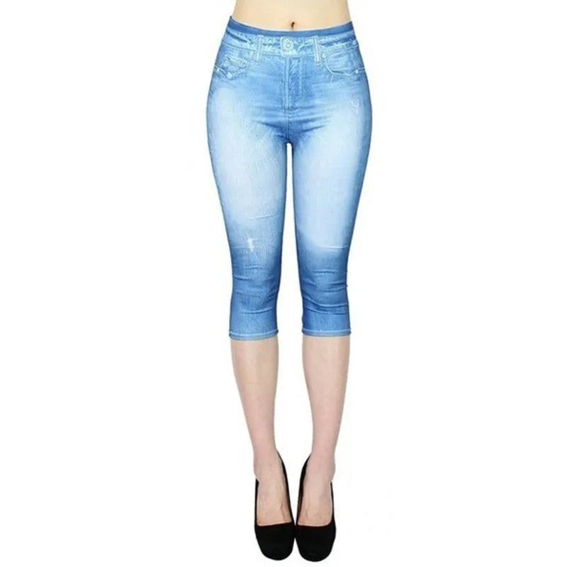 Women Plus Size Leggings Imitation Cropped Trousers 2024 New Mock Pocket Pants Slim Jeggings Denim Skinny