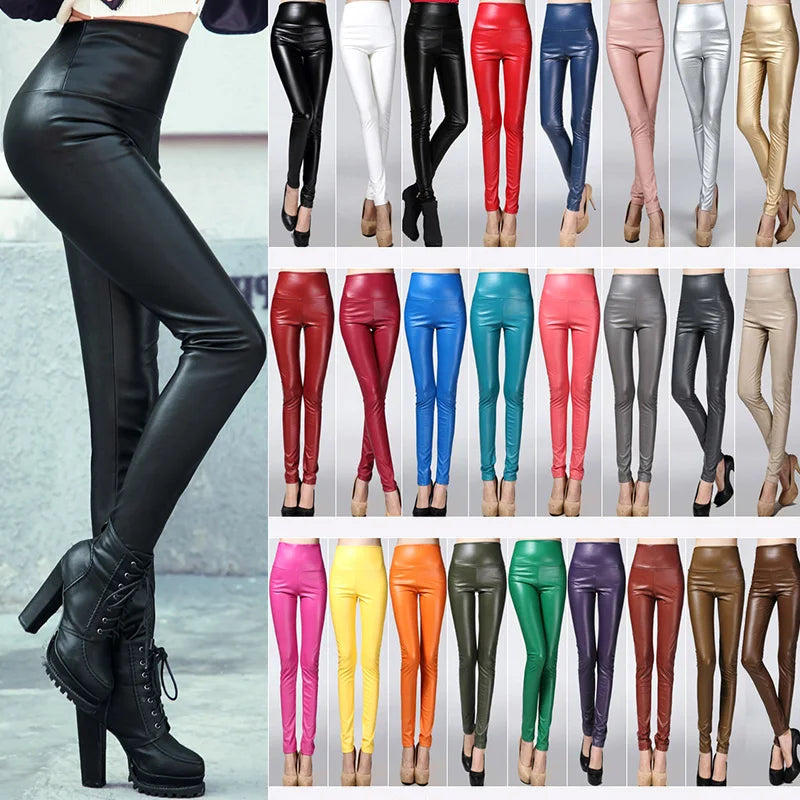 Autumn Winter Colorful Elastic Leggings Wearing Solid Color High Waisted Tight Leather Pants Plush And Thickened Pants For Women