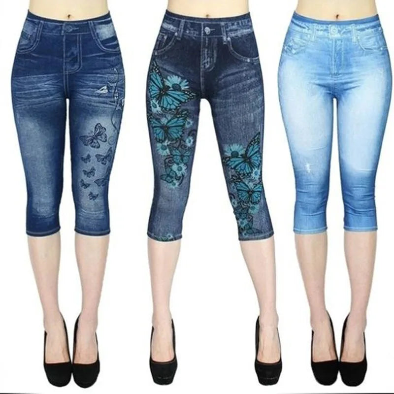 Women Denim Print Leggings Fashion Slim Leggings Faux Jeans Leggings Stretch Printed Short /Long Leggins Pants Summer Breeches