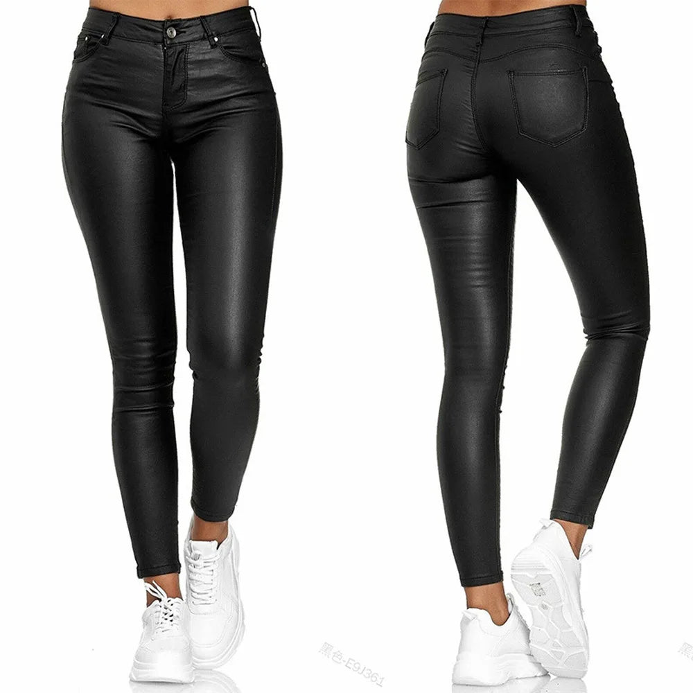 High Waisted Eleastic Solid Pu Leather Tight Hip Casual Pants Slim Leg Black Long Pants Pencil Trousers Women’s Legging Autumn