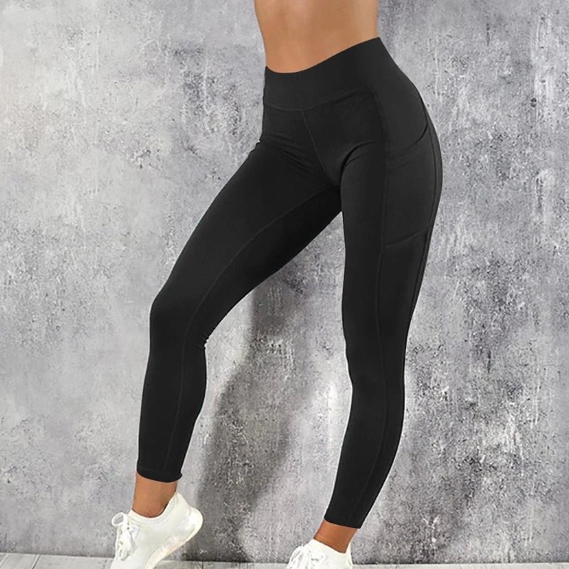 Plus Size Pocket Yoga Pants Women Solid Fitness Sports Leggings High Waist Elastic Gym Tights Female Running Trousers XXXL