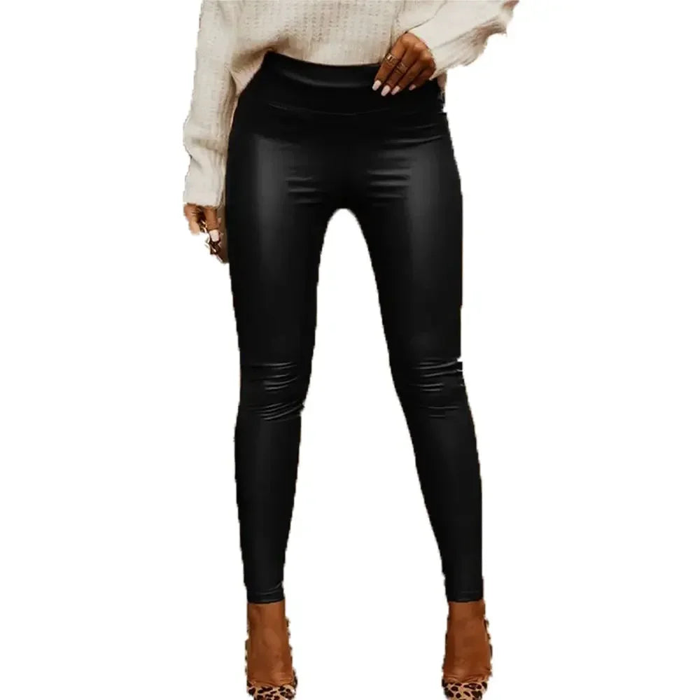 High Waist Stretch PU Trousers Women Black Matte Leather Slim Pencil Pants Chic Splicing Trousers Ladies Casual Leggings Custom