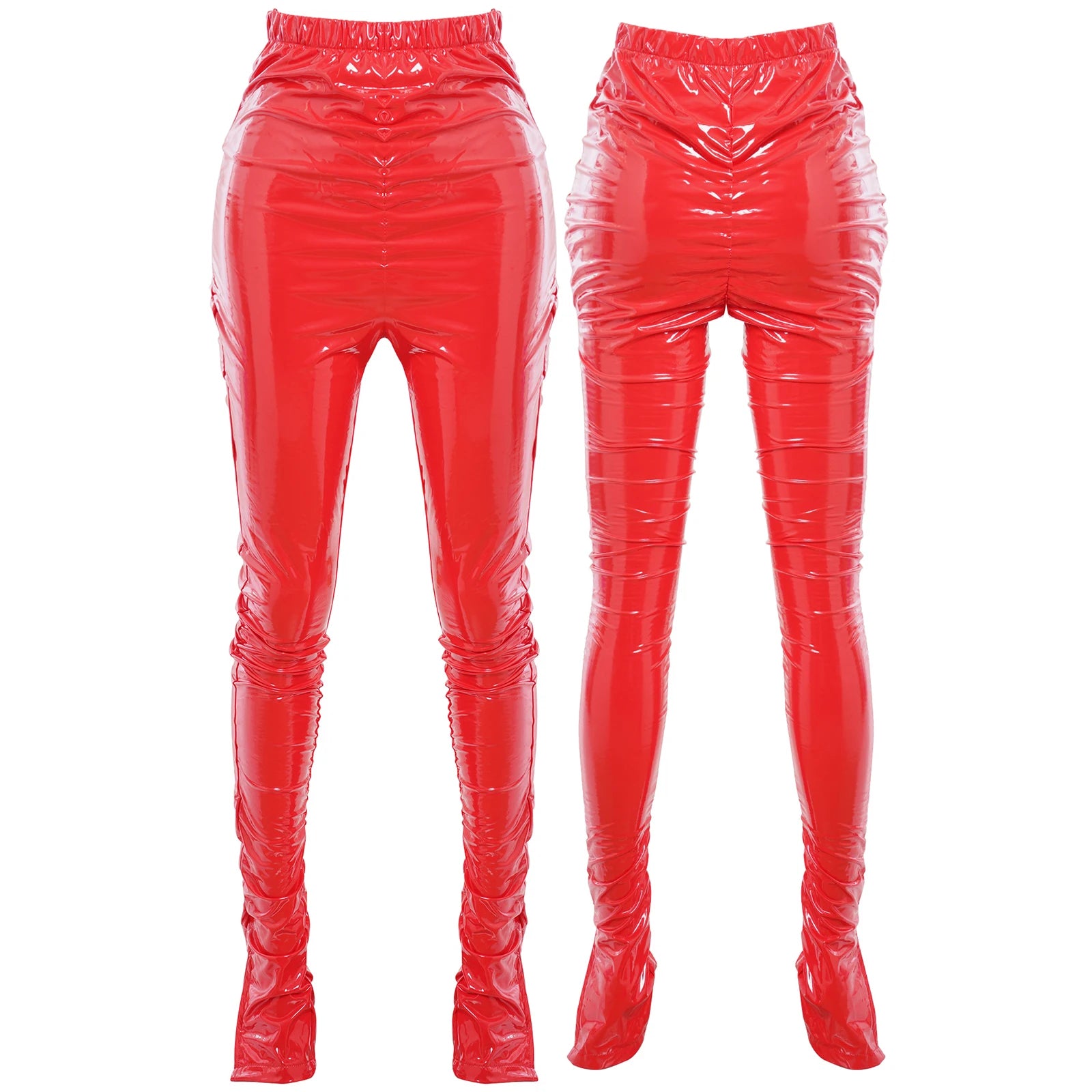 Womens Glossy PU Leather Long Pants High Waist Stacked Ruched Split Cuffs Tights Slim Fit Leggings for Nightclub Disco Dancing