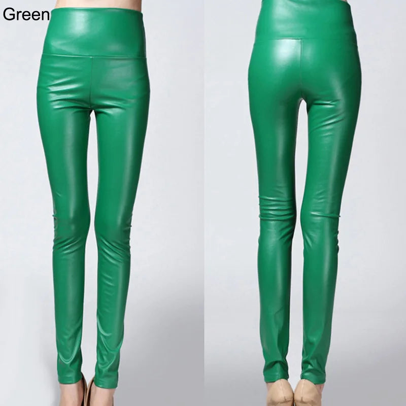 Autumn Winter Colorful Elastic Leggings Wearing Solid Color High Waisted Tight Leather Pants Plush And Thickened Pants For Women