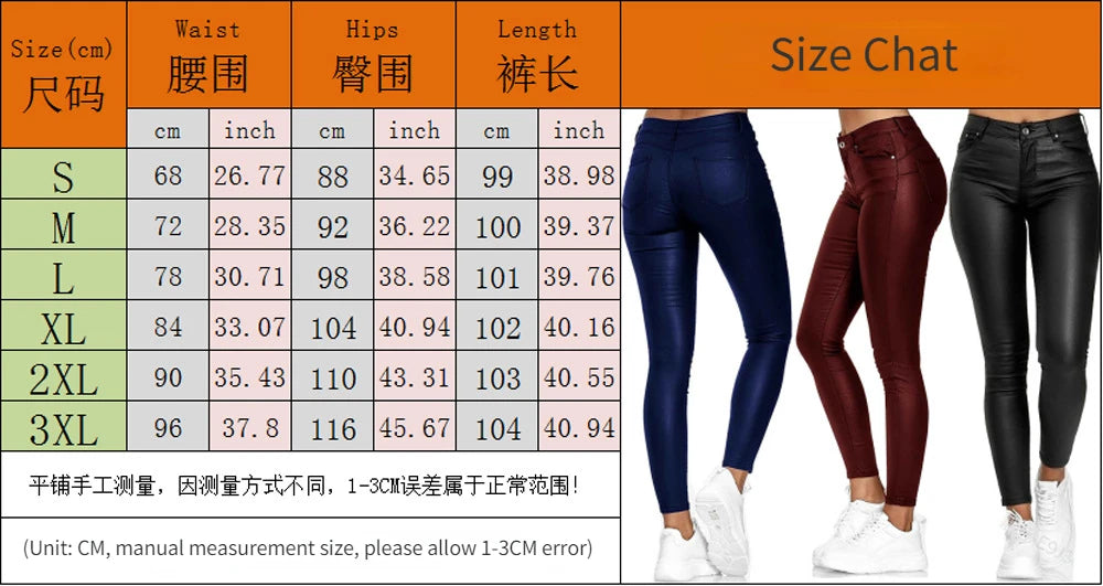 High Waisted Eleastic Solid Pu Leather Tight Hip Casual Pants Slim Leg Black Long Pants Pencil Trousers Women’s Legging Autumn