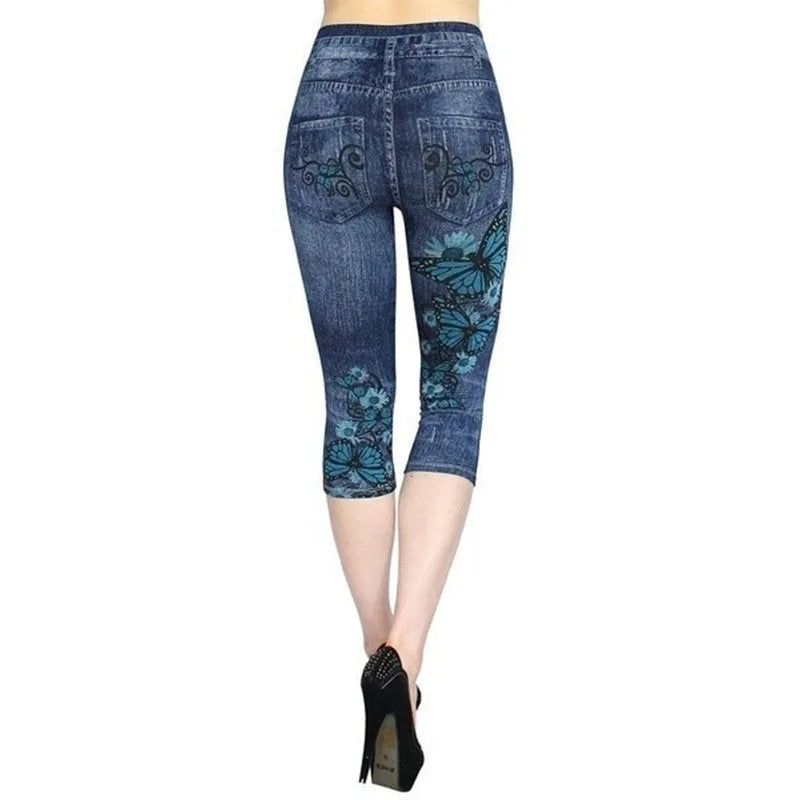 Women Plus Size Leggings Imitation Cropped Trousers 2024 New Mock Pocket Pants Slim Jeggings Denim Skinny