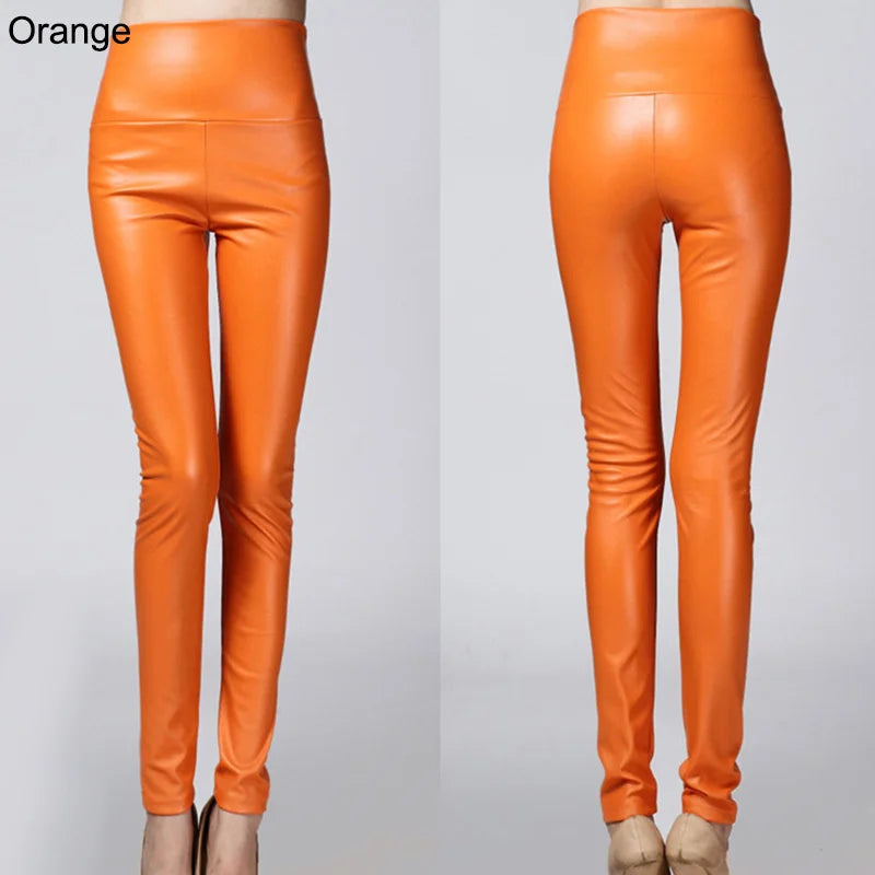 Autumn Winter Colorful Elastic Leggings Wearing Solid Color High Waisted Tight Leather Pants Plush And Thickened Pants For Women