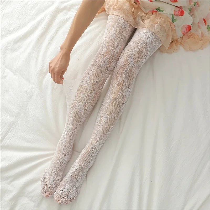 Black White Lace Flower Stockings Women Sexy Floral Rattan Leggings Gothic Mesh Hollowed Pantyhose Hosiery Female Fishnet Tights