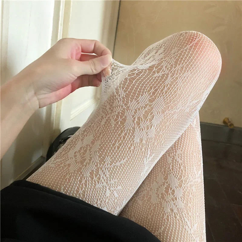 Black White Lace Flower Stockings Women Sexy Floral Rattan Leggings Gothic Mesh Hollowed Pantyhose Hosiery Female Fishnet Tights