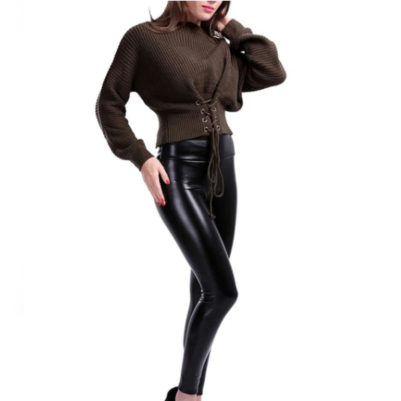 Fashion Black PU Leather Pants Women High Waist Skinny Push Up Leggings Elastic Trousers Leggings 2 Type Thickiness/thin NEW