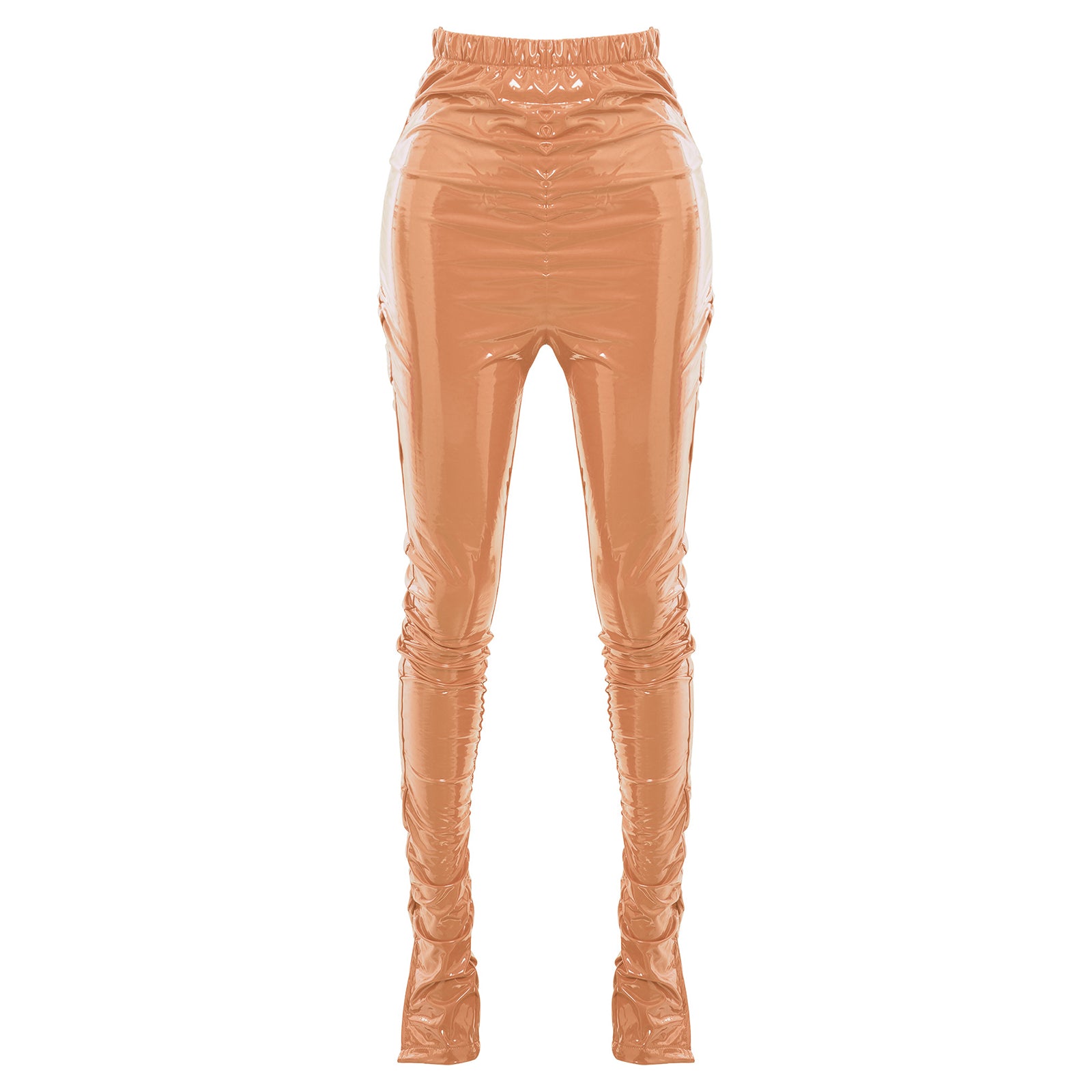 Womens Glossy PU Leather Long Pants High Waist Stacked Ruched Split Cuffs Tights Slim Fit Leggings for Nightclub Disco Dancing