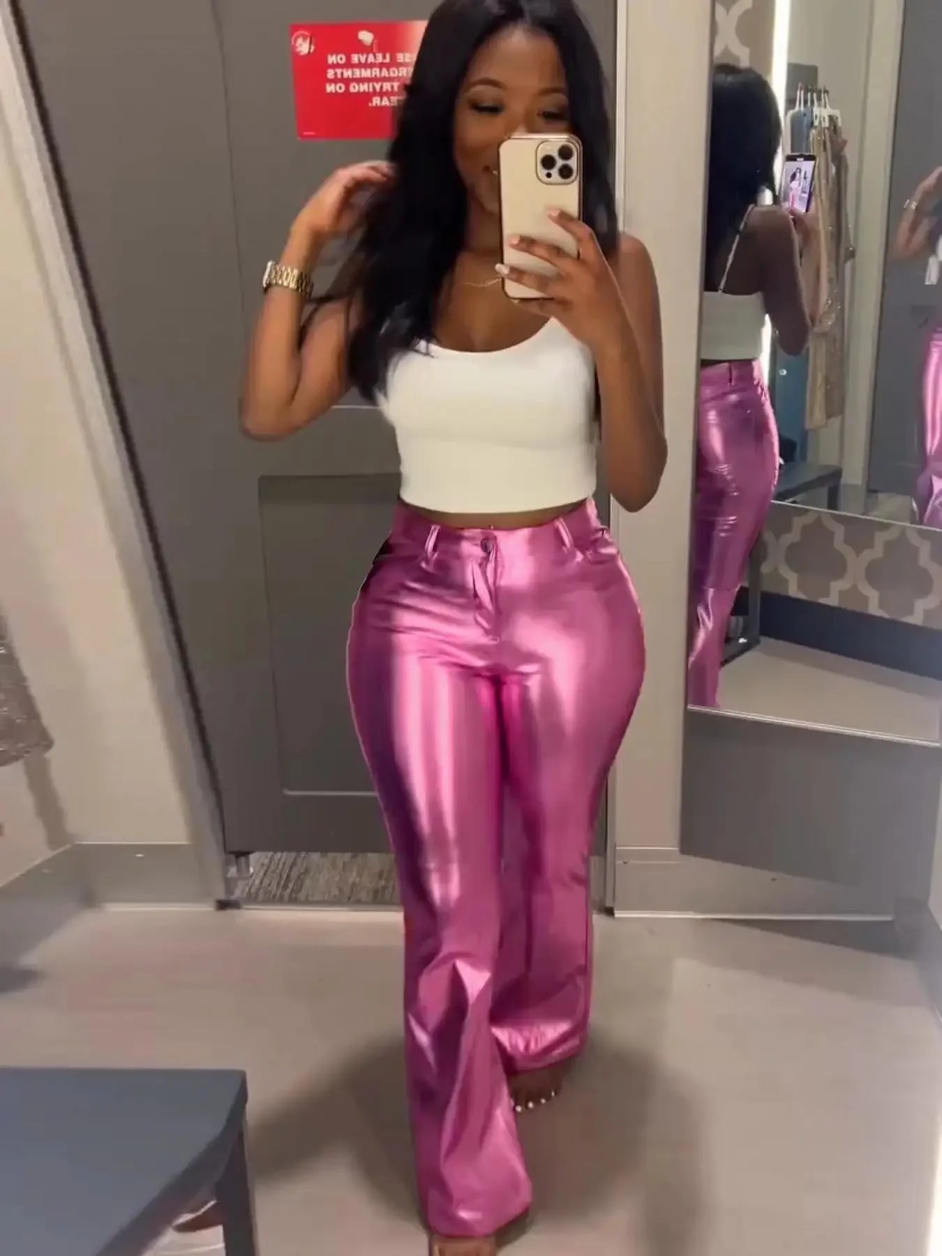 Fashion Bright Pink Pants Women Mid Waist Skinny Push Up Leggings Elasticity Pants Trousers