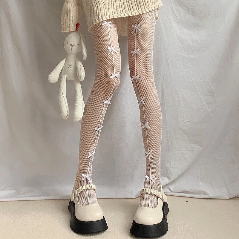 Sexy Lolita Bow Stockings Women Transparent Mesh Fish Net Long Socks Punk JK Black White Slimming Pantyhose Female Tight Legging