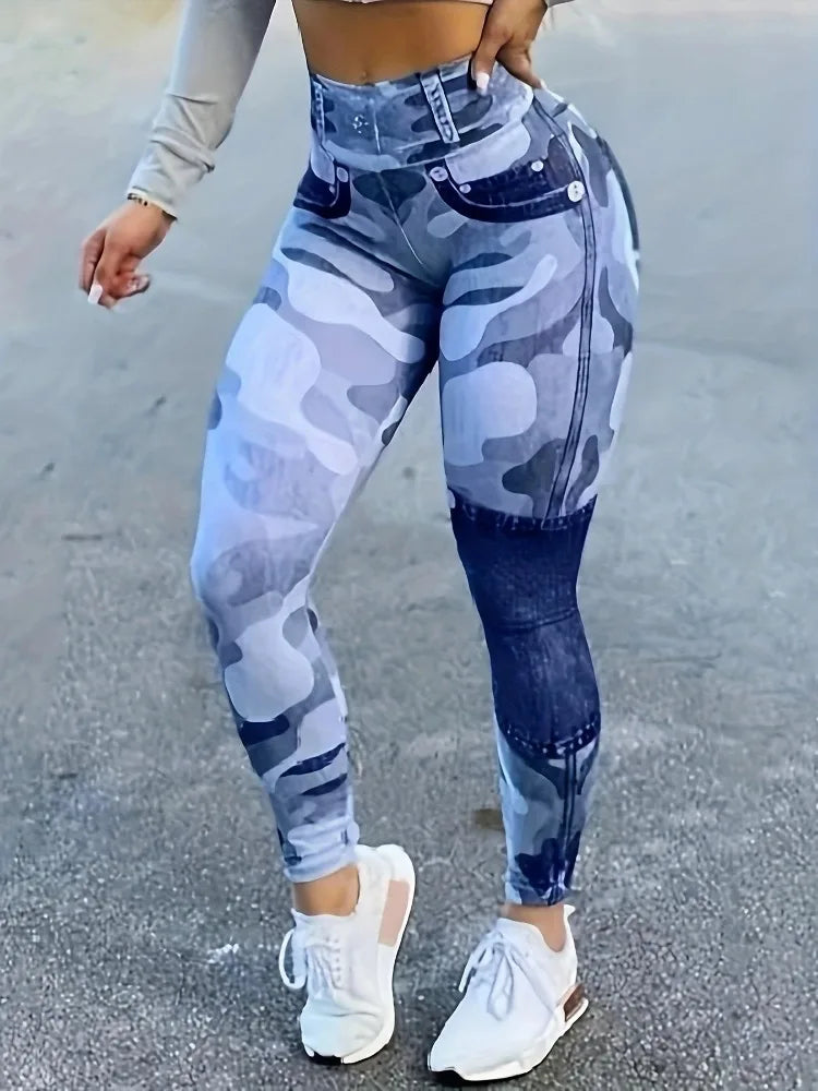 Women's Plus Size Leggings, Leggings, Artificial Denim High Waisted Slim Fit Printed Camouflage Pants