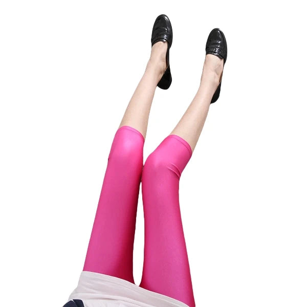 Women's Summer Fluorescent Color Slim Capri Leggings Shiny Stretch Tights Glossy Opaque Neon Leggings for Girls 50-80kg Weight