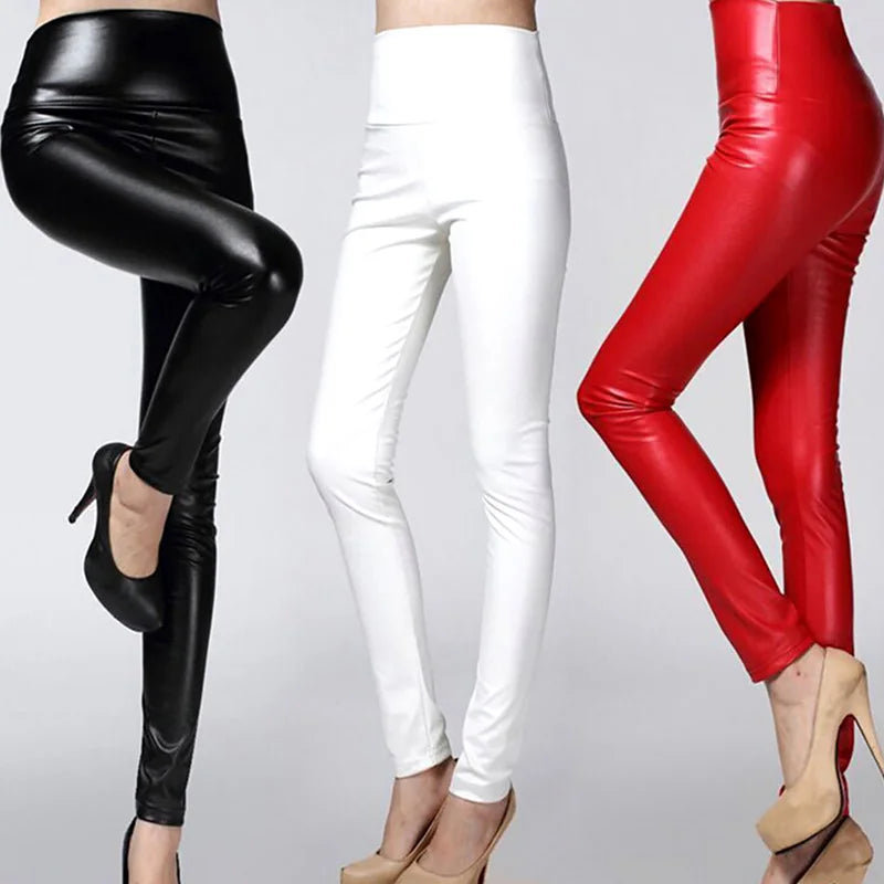 Autumn Winter Colorful Elastic Leggings Wearing Solid Color High Waisted Tight Leather Pants Plush And Thickened Pants For Women