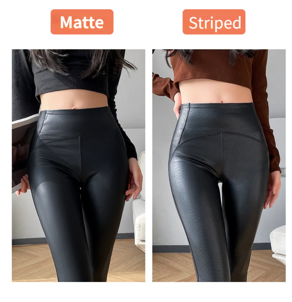 New Thin Fleece Pu Leather Leggings for Women Winter Autumn High Waist Pants Push Up Black Sexy Tights Stretch Fitness Leggings