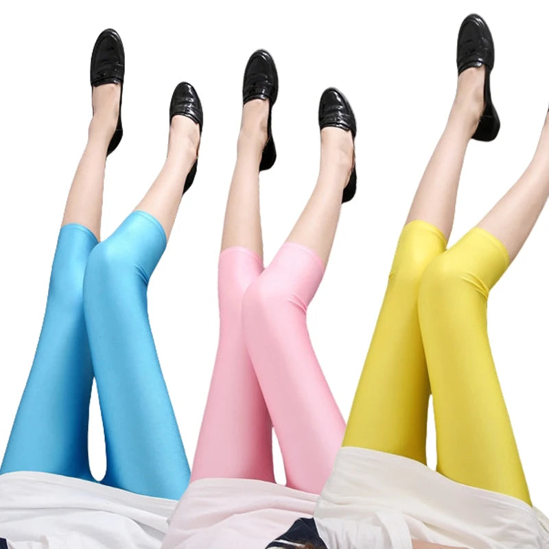 Women's Summer Fluorescent Color Slim Capri Leggings Shiny Stretch Tights Glossy Opaque Neon Leggings for Girls 50-80kg Weight