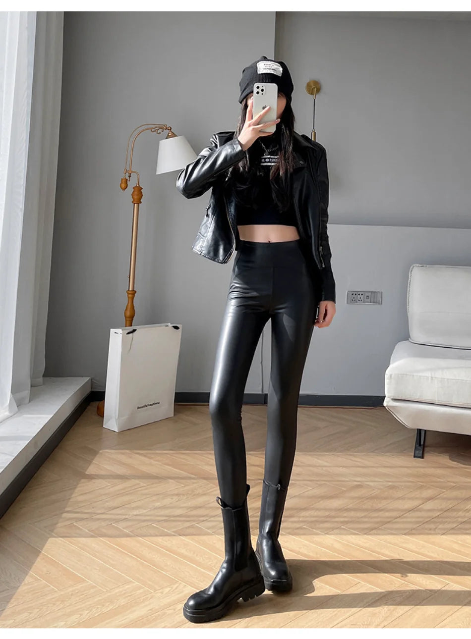 New Thin Fleece Pu Leather Leggings for Women Winter Autumn High Waist Pants Push Up Black Sexy Tights Stretch Fitness Leggings