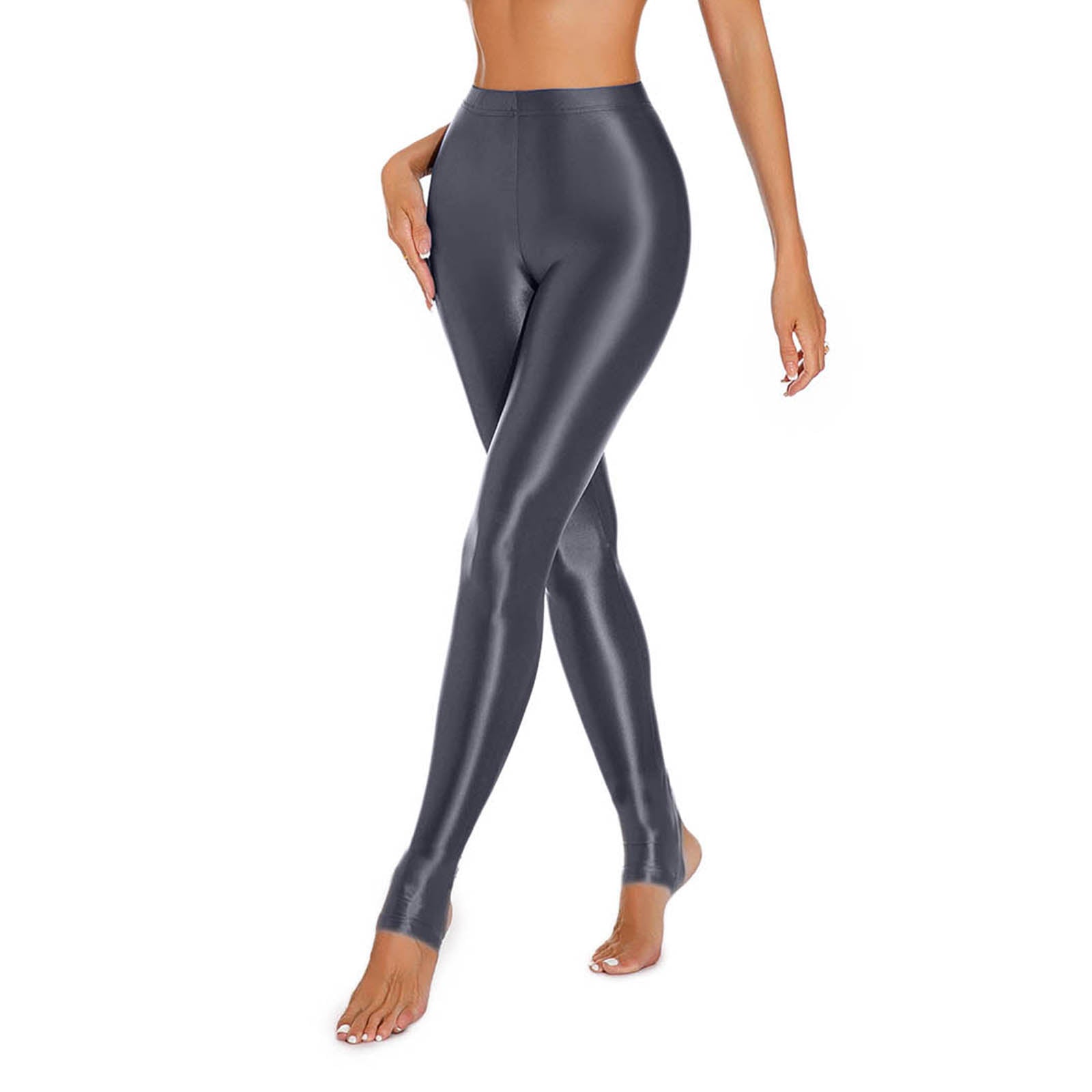 Womens Shiny Glossy High Waisted Stirrup Leggings Tights Gymnastics Workout Yoga Pants Tummy Control Sports Trousers