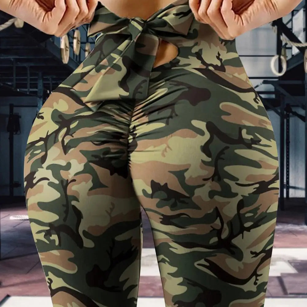 Women long pants Camouflage High-waist Peach Hip Tight pants Bow Sexy Hip lift trousers Fitness Yoga Leggings lady sports Pants