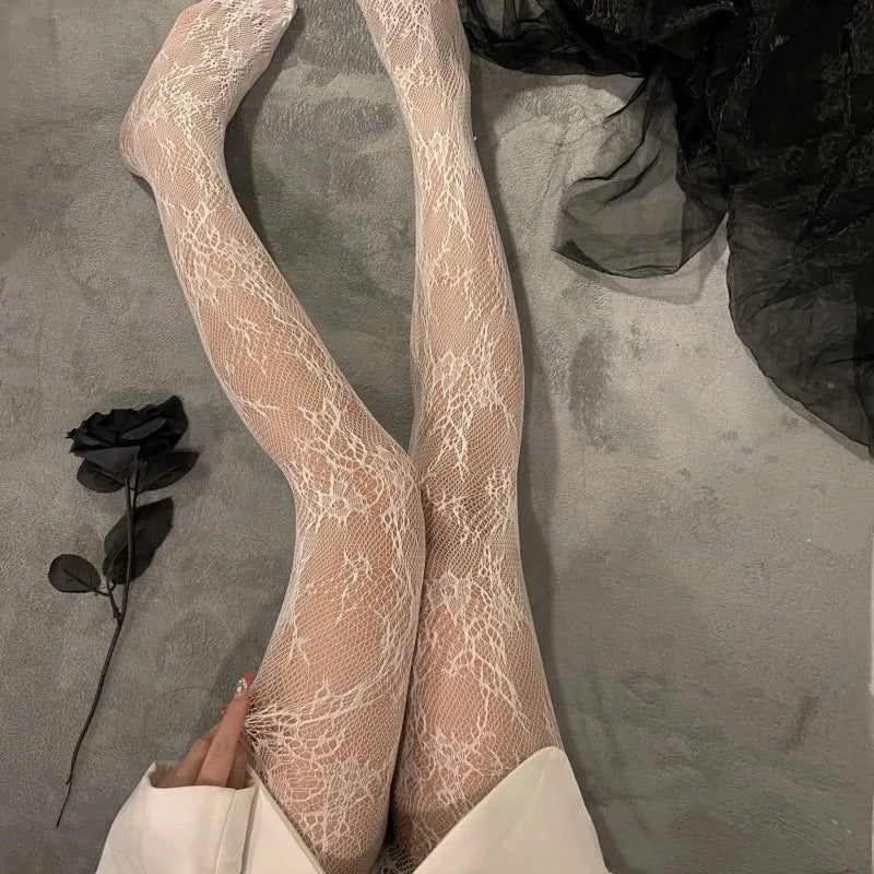 Black White Lace Flower Stockings Women Sexy Floral Rattan Leggings Gothic Mesh Hollowed Pantyhose Hosiery Female Fishnet Tights