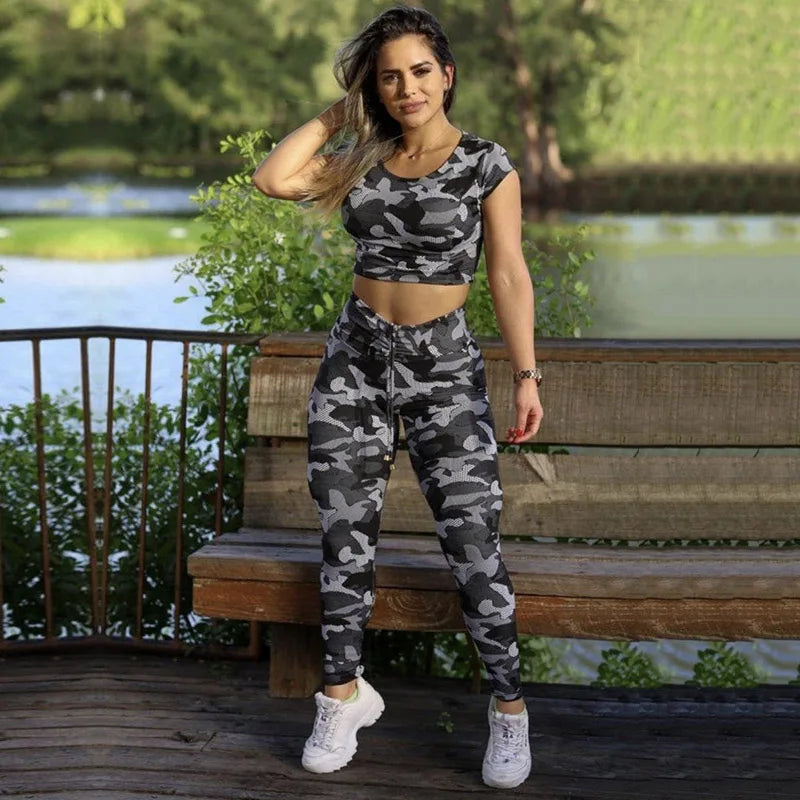 Uoozee 2023 Women Fashion Two Piece Fitness Set Camouflage Short Sleeve Top&High-Waisted Leggings Sports Suit Sportswear