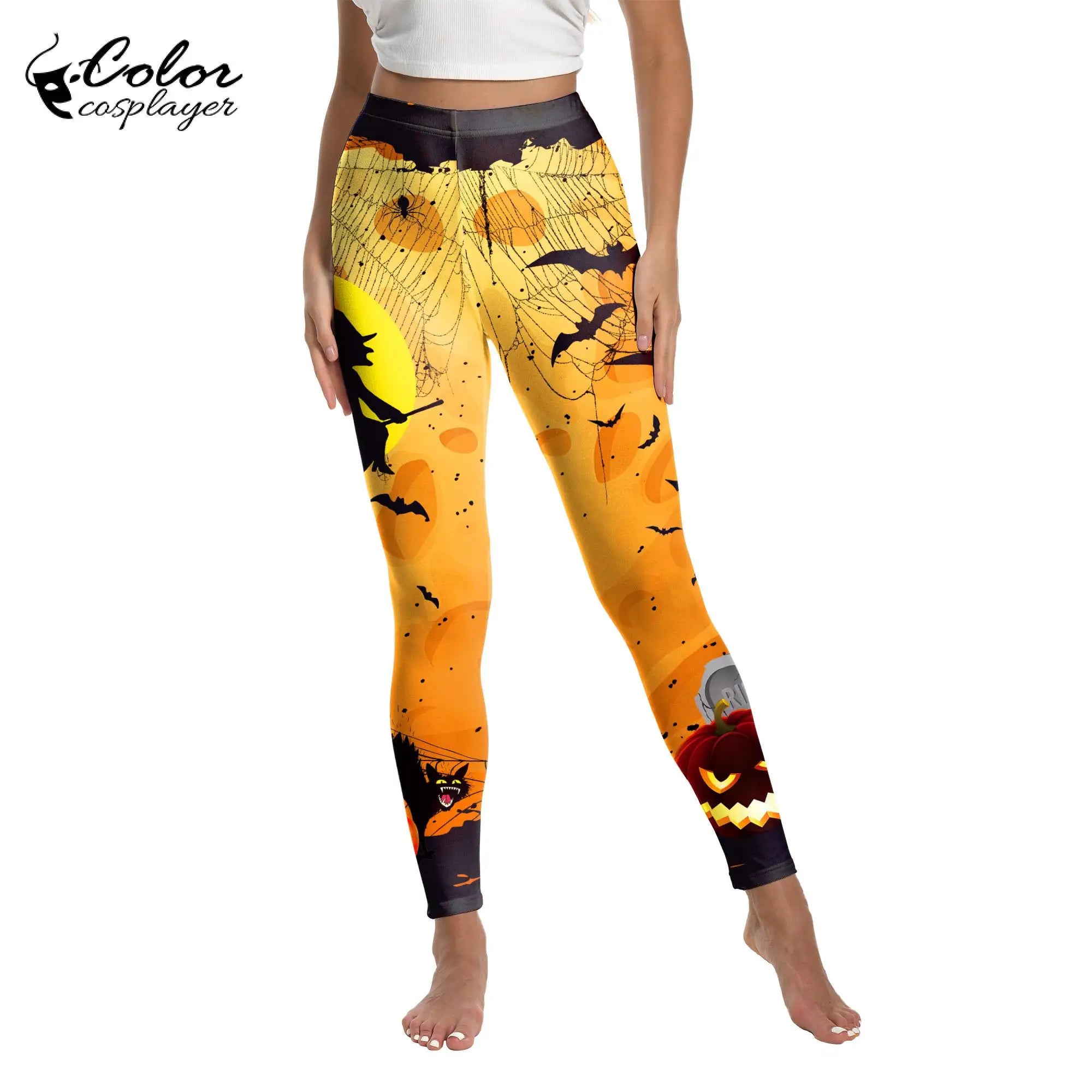 Color Cosplayer Halloween Legging for Women Pants Holiday Party Skinny Trousers Carnival Pumpkin Bat Pattern Cosplay Costume