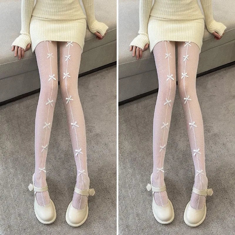 Sexy Lolita Bow Stockings Women Transparent Mesh Fish Net Long Socks Punk JK Black White Slimming Pantyhose Female Tight Legging