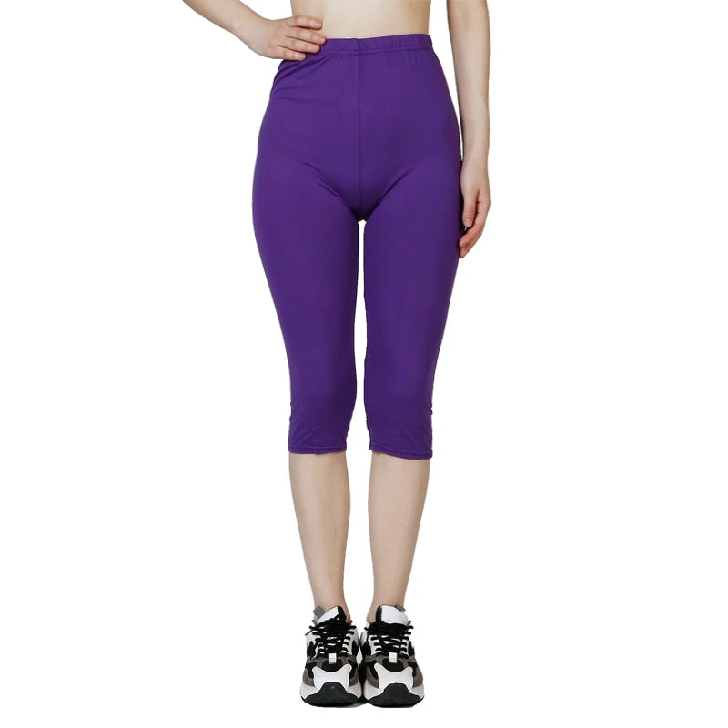 QR63 Solid Color Capris Leggings, WOMEN'S Fashionable Elastic Waist Exercise, Short Leg Pants