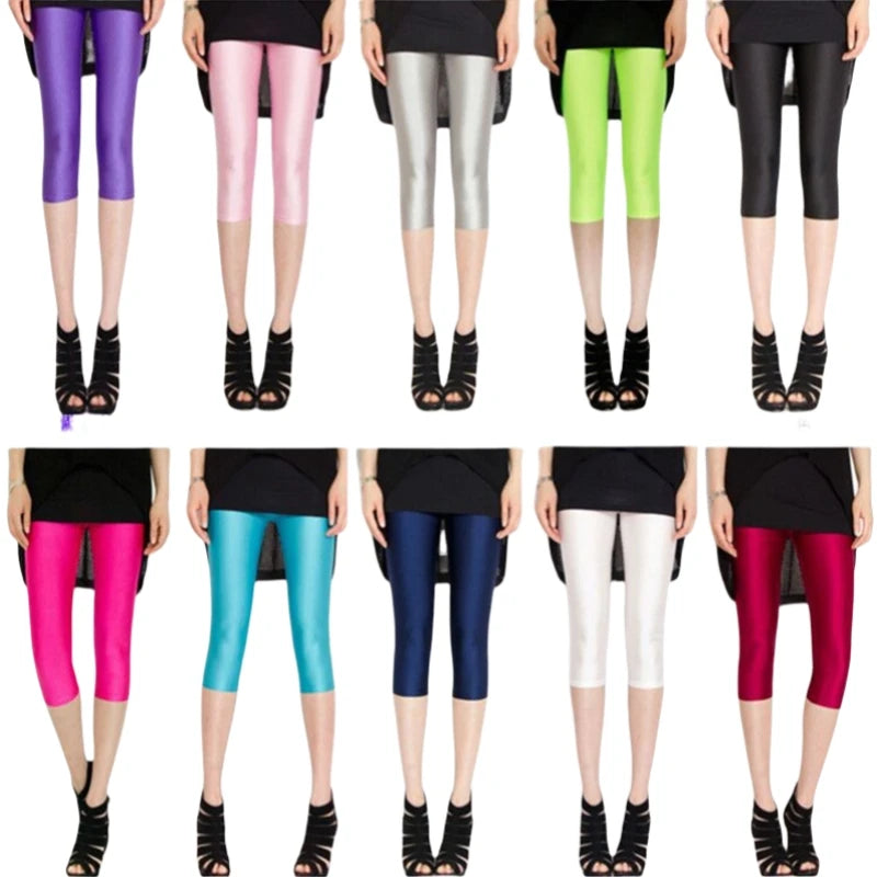 Women's Summer Fluorescent Color Slim Capri Leggings Shiny Stretch Tights Glossy Opaque Neon Leggings for Girls 50-80kg Weight