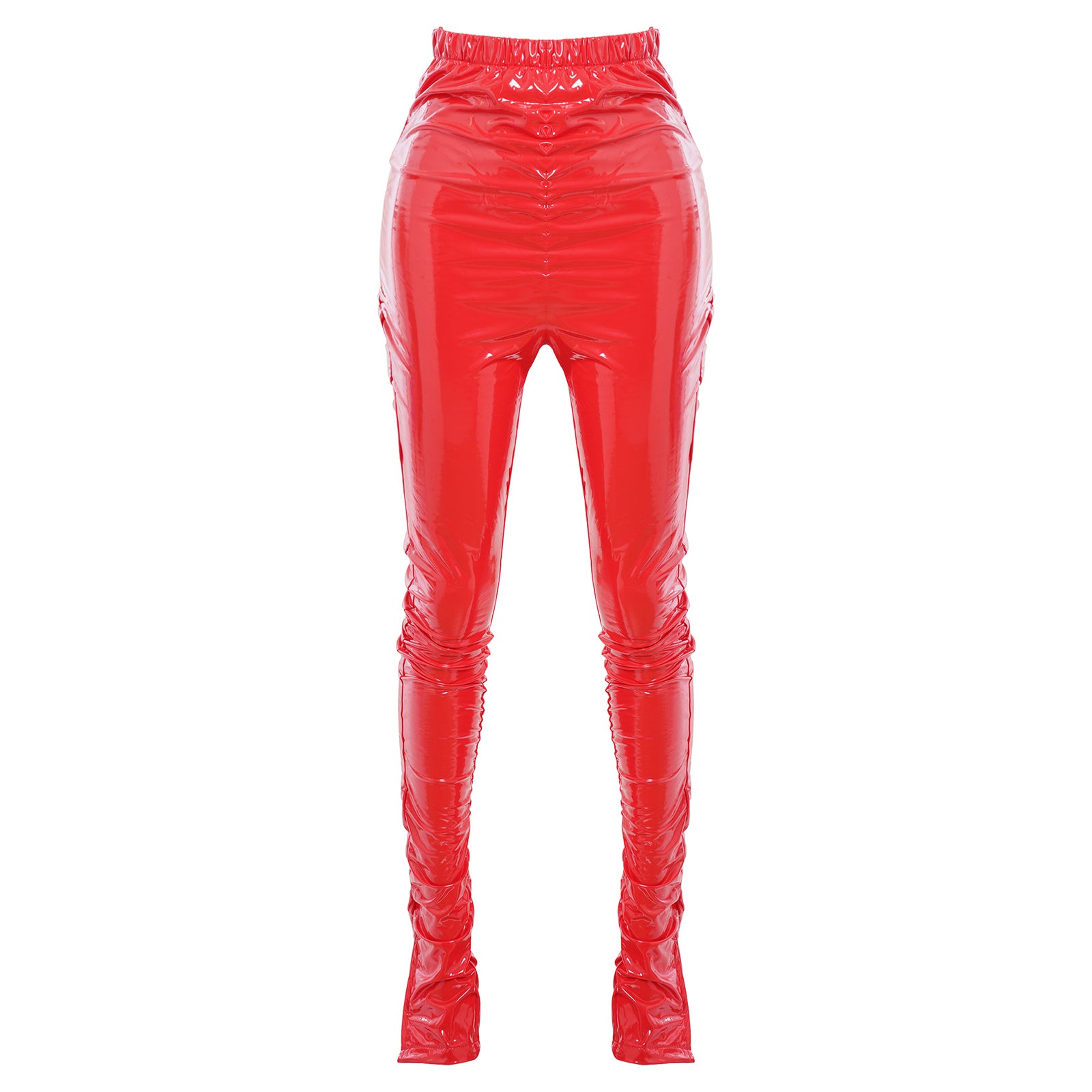 Womens Glossy PU Leather Long Pants High Waist Stacked Ruched Split Cuffs Tights Slim Fit Leggings for Nightclub Disco Dancing