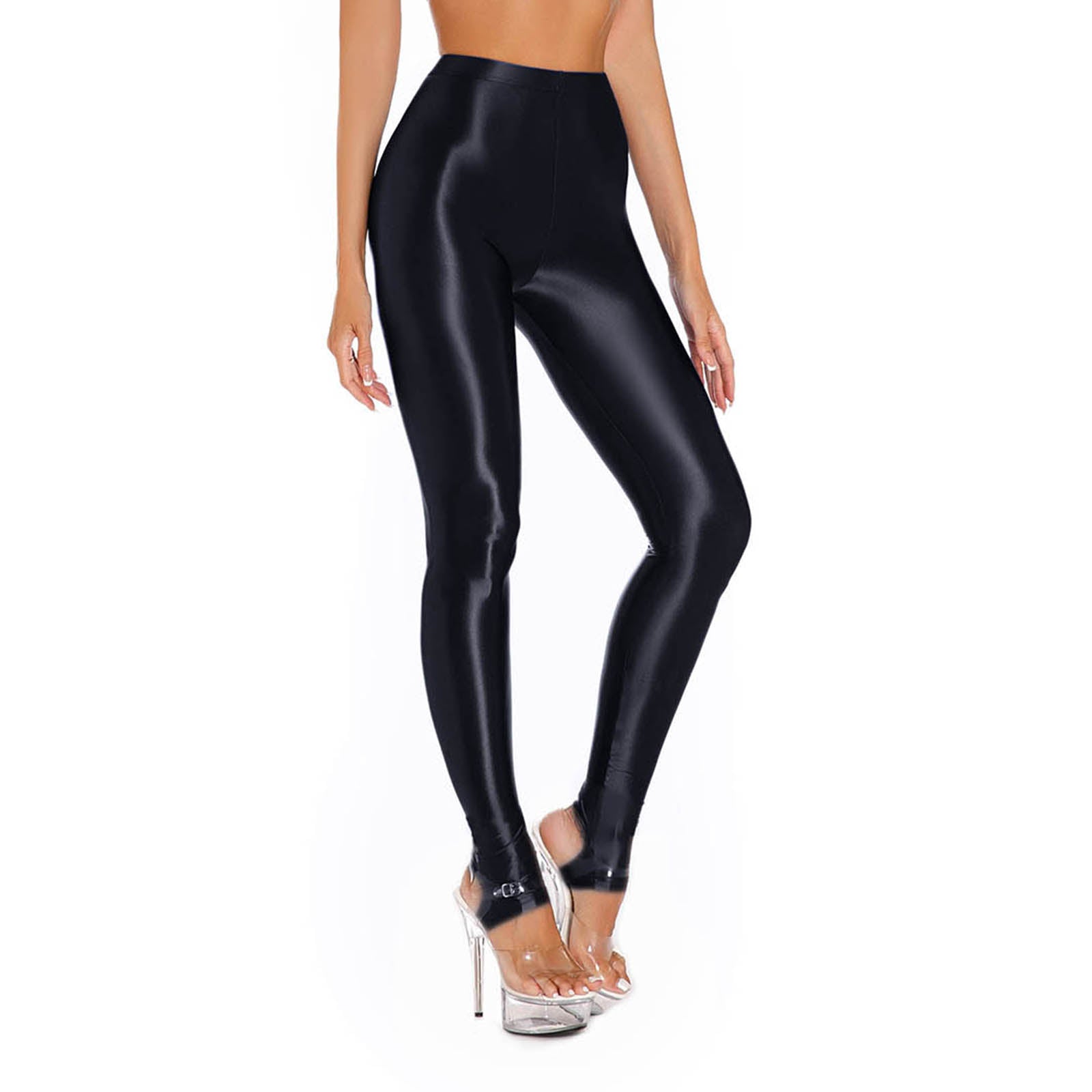 Womens Glossy Stirrup Leggings High Waist Elastic Waist Tights Pants Gym Yoga Workout Pants Tummy Control Sport Jogging Pants