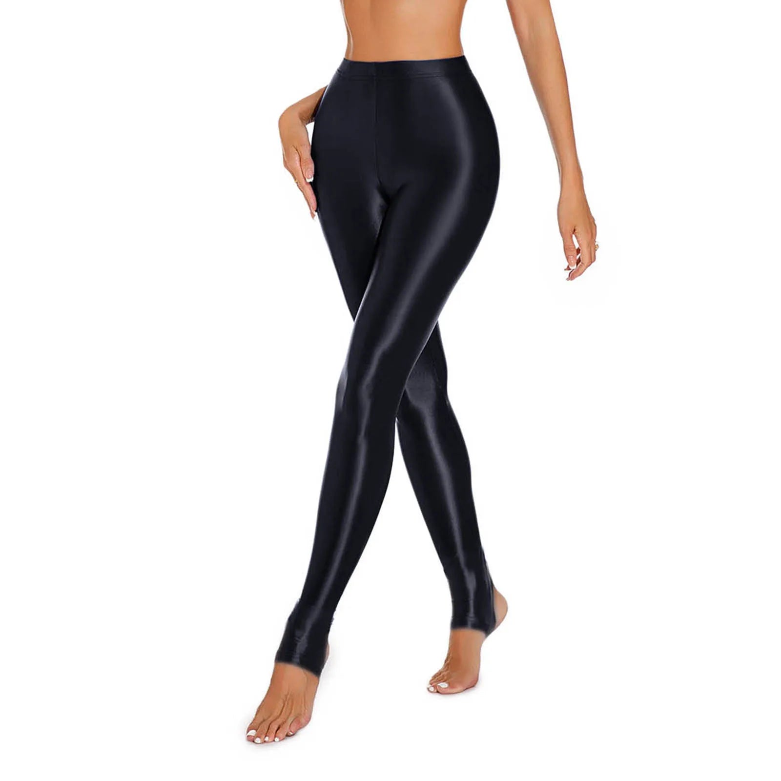 Womens Shiny Glossy High Waisted Stirrup Leggings Tights Gymnastics Workout Yoga Pants Tummy Control Sports Trousers