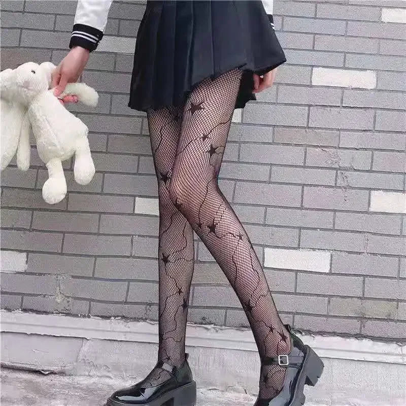 Gothic Tights Women Leggings Lolita Hollowed Out Mesh Body Stockings Japanese Bottomed Lace Pantyhose Skull Punk Black Hosiery