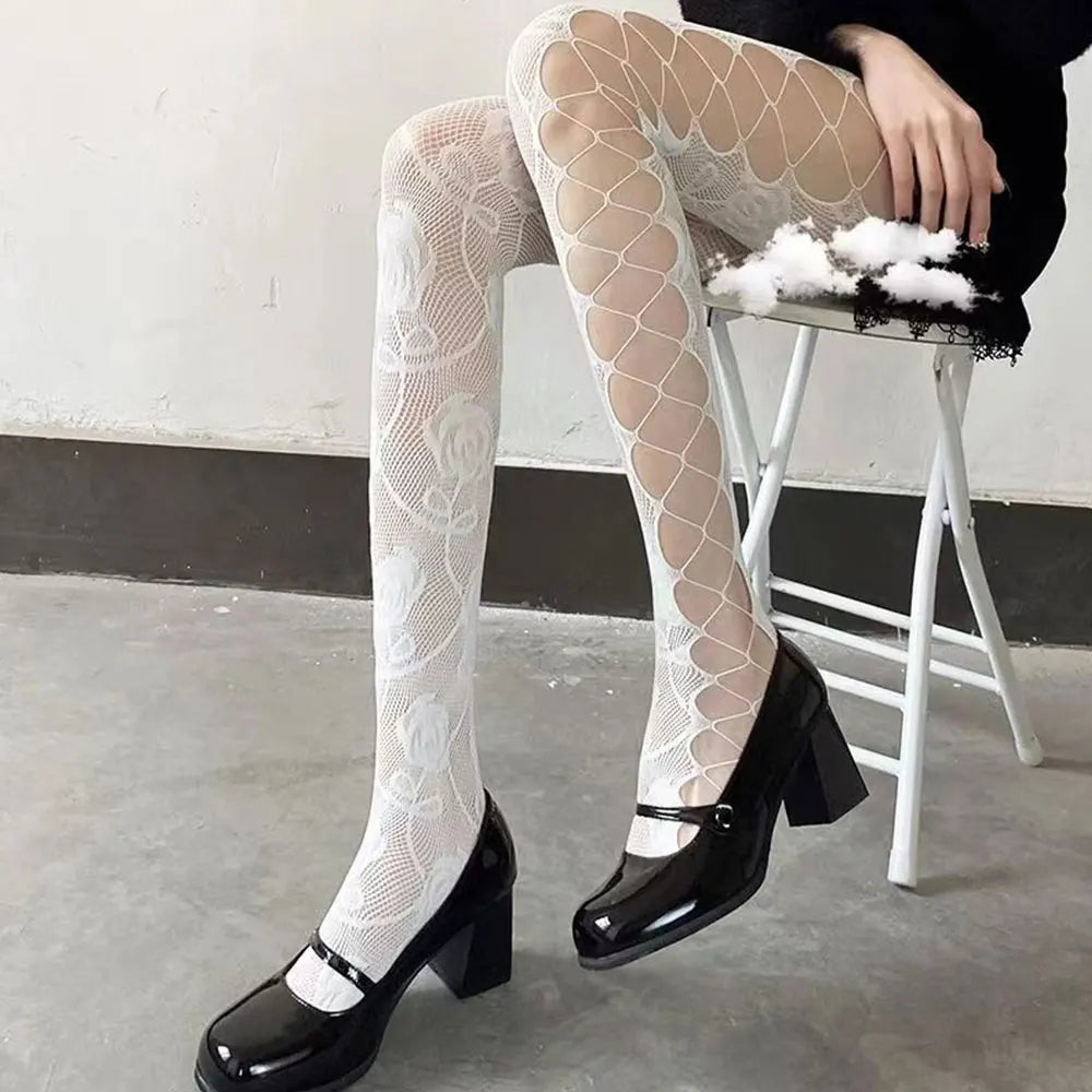 Gothic Fishnet Stockings Lolita Mesh Tights for Women Netting Stockings Y2k Pantyhose with Flower Pattern Leggings Sexy Lingerie