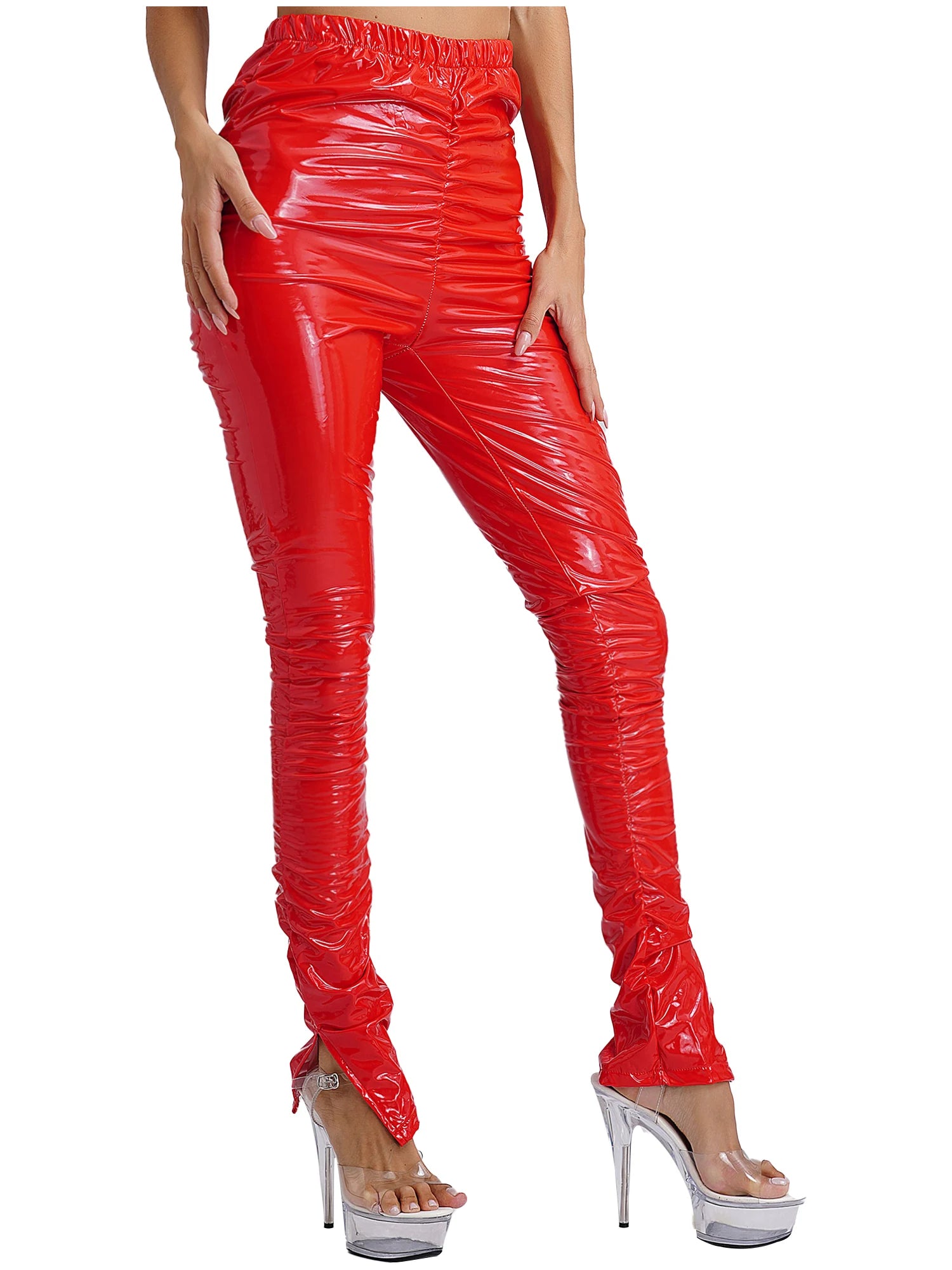 Womens Glossy PU Leather Long Pants High Waist Stacked Ruched Split Cuffs Tights Slim Fit Leggings for Nightclub Disco Dancing