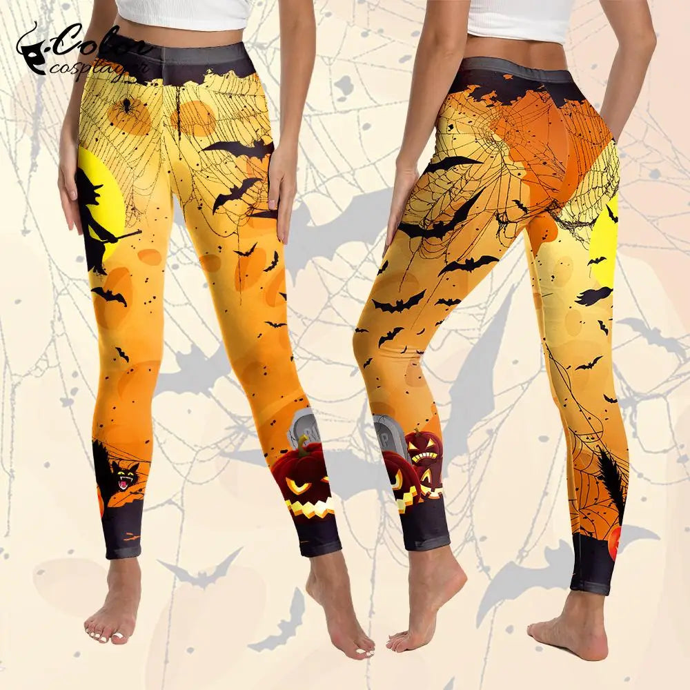 Color Cosplayer Halloween Legging for Women Pants Holiday Party Skinny Trousers Carnival Pumpkin Bat Pattern Cosplay Costume