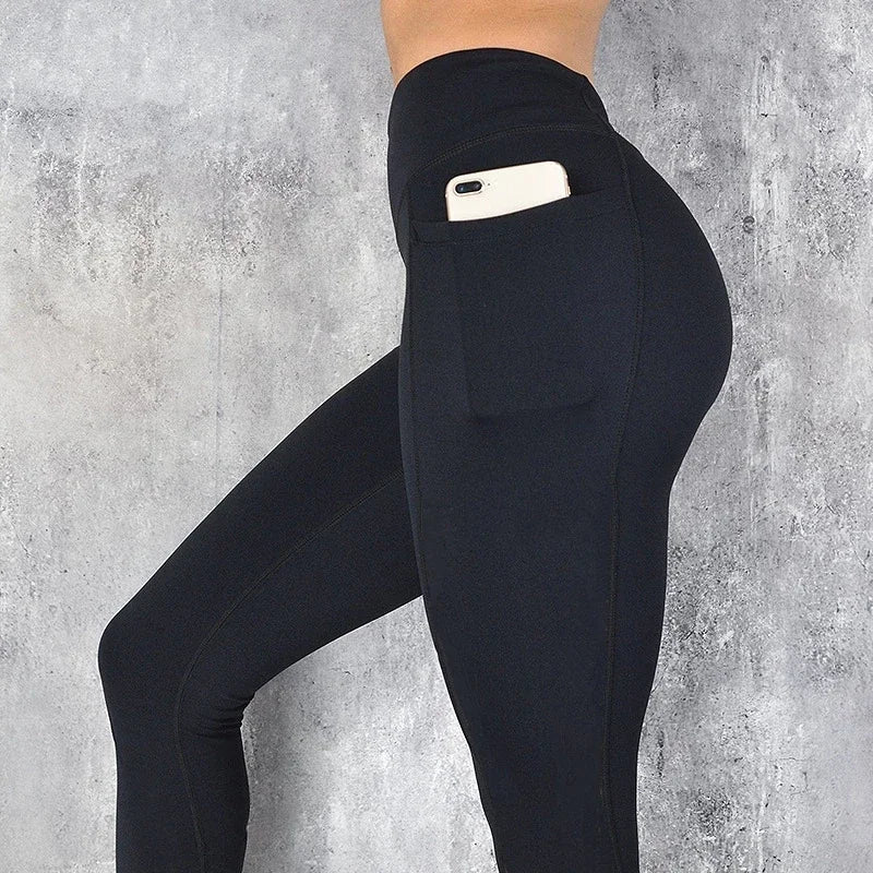 Plus Size Pocket Yoga Pants Women Solid Fitness Sports Leggings High Waist Elastic Gym Tights Female Running Trousers XXXL