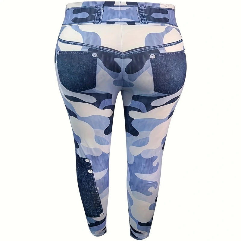 Women's Plus Size Leggings, Leggings, Artificial Denim High Waisted Slim Fit Printed Camouflage Pants