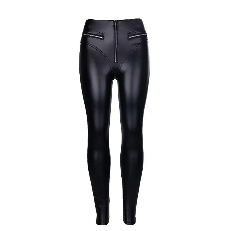 Gothic Pu Leather High Waist Straight Leather Pants Sexy Tight Hip Shape Legging Streetwear Zipper Patchwork Motorcycle Trousers