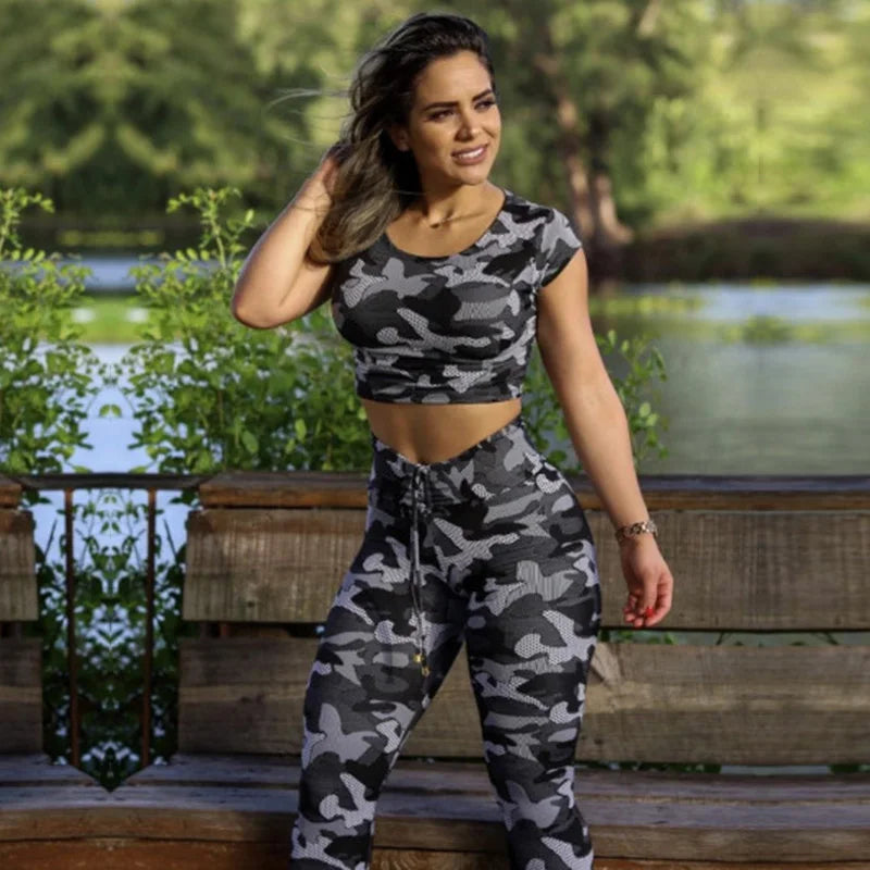 Uoozee 2023 Women Fashion Two Piece Fitness Set Camouflage Short Sleeve Top&High-Waisted Leggings Sports Suit Sportswear