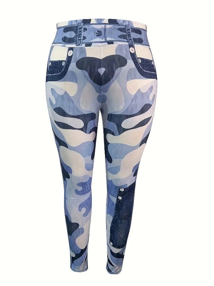 Women's Plus Size Leggings, Leggings, Artificial Denim High Waisted Slim Fit Printed Camouflage Pants